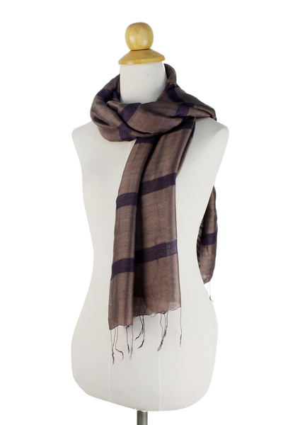 Silk blend scarf, 'Friendly Stripes' - Hand Woven Silk and Rayon Striped Scarf from Thailand