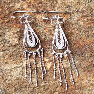 Sterling silver chandelier earrings, 'Fringed Droplets' - Sterling Silver Thai Filigree Chandelier Teardrop Earrings