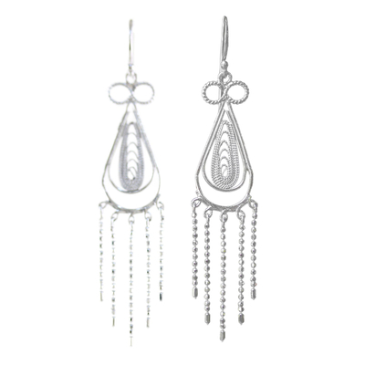 Sterling silver chandelier earrings, 'Fringed Droplets' - Sterling Silver Thai Filigree Chandelier Teardrop Earrings