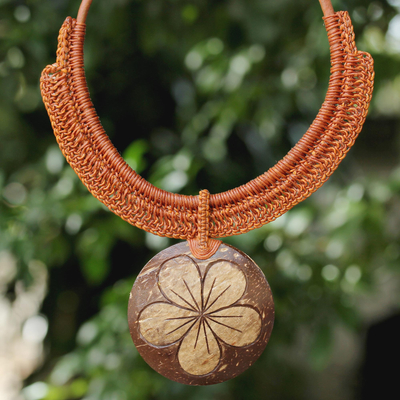 Coconut shell and leather flower pendant necklace, Rustic Frangipani