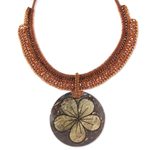 Coconut shell and leather flower pendant necklace, 'Rustic Frangipani' - Thai Leather and Coconut Shell Floral Handmade Necklace