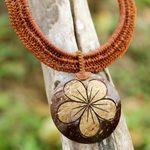 Coconut shell and leather flower pendant necklace, 'Rustic Frangipani' - Thai Leather and Coconut Shell Floral Handmade Necklace