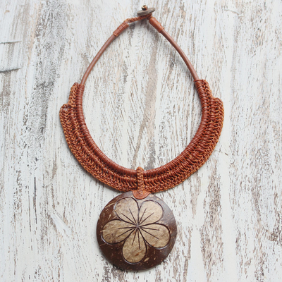 Coconut shell and leather flower pendant necklace, 'Rustic Frangipani' - Thai Leather and Coconut Shell Floral Handmade Necklace