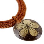 Coconut shell and leather flower pendant necklace, 'Rustic Frangipani' - Thai Leather and Coconut Shell Floral Handmade Necklace