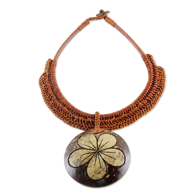 Coconut shell and leather flower pendant necklace, 'Rustic Frangipani' - Thai Leather and Coconut Shell Floral Handmade Necklace