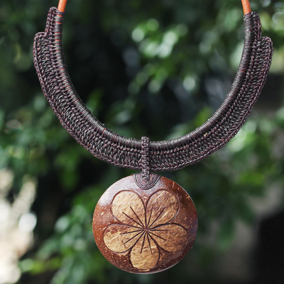 Coconut shell and leather flower pendant necklace, 'Rustic Frangipani in Black' - Handmade Black Leather and Coconut Shell Floral Necklace