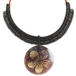 Coconut shell and leather flower pendant necklace, 'Rustic Frangipani in Black' - Handmade Black Leather and Coconut Shell Floral Necklace