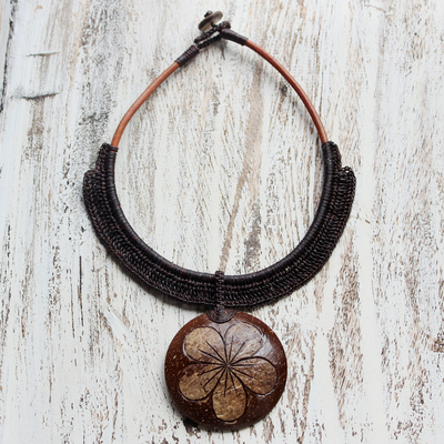 Coconut shell and leather flower pendant necklace, 'Rustic Frangipani in Black' - Handmade Black Leather and Coconut Shell Floral Necklace