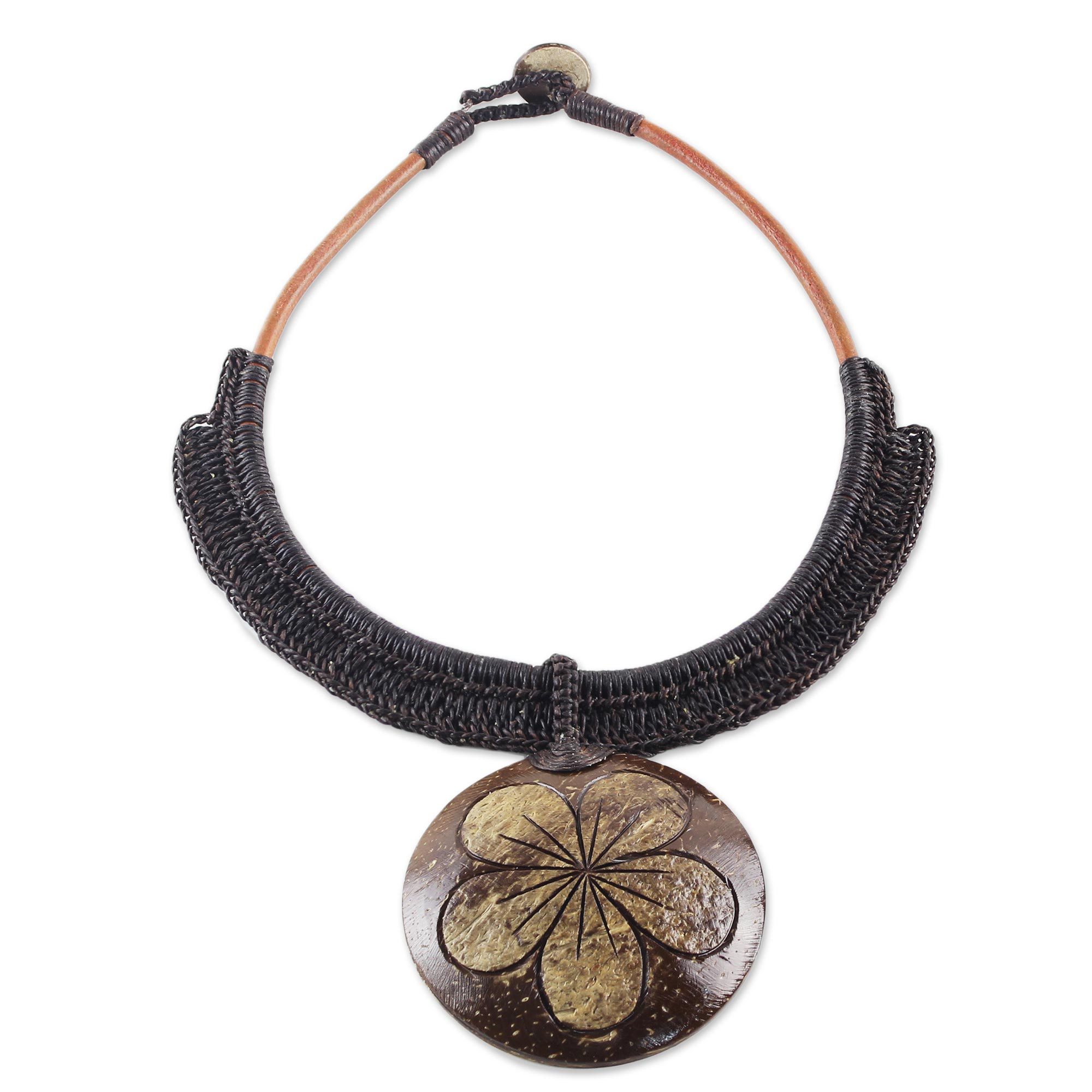 Handmade Black Leather and Coconut Shell Floral Necklace Rustic