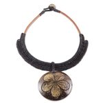 Coconut shell and leather flower pendant necklace, 'Rustic Frangipani in Black' - Handmade Black Leather and Coconut Shell Floral Necklace