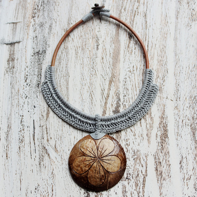 Coconut shell and leather flower pendant necklace, 'Rustic Frangipani in Grey' - Grey Leather and Coconut Shell Floral Statement Necklace