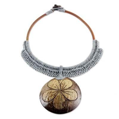 Coconut shell and leather flower pendant necklace, 'Rustic Frangipani in Grey' - Grey Leather and Coconut Shell Floral Statement Necklace