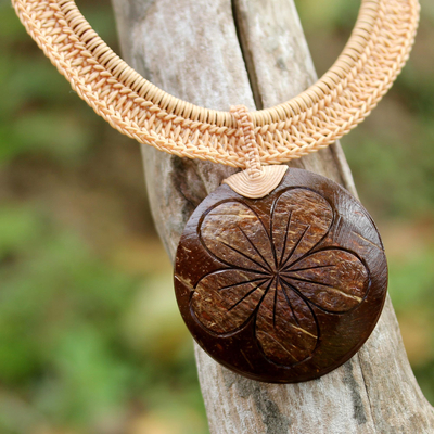 Coconut shell and leather statement necklace, 'Rustic Frangipani in Beige' - Beige Leather and Coconut Shell Floral Statement Necklace