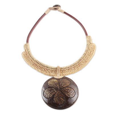 Coconut shell and leather statement necklace, 'Rustic Frangipani in Beige' - Beige Leather and Coconut Shell Floral Statement Necklace