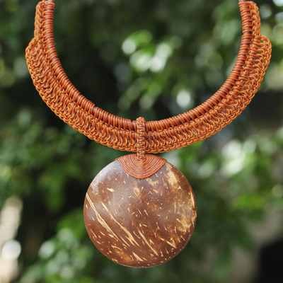 Coconut shell and leather pendant necklace, Rustic Moon