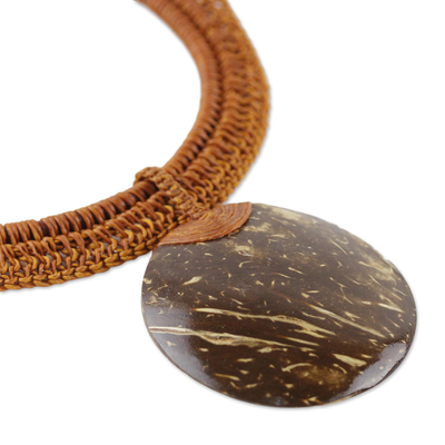 Coconut shell and leather pendant necklace, 'Rustic Moon' - Burnt Orange Leather and Coconut Shell Statement Necklace