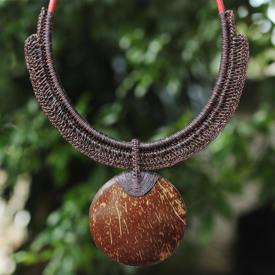 Coconut shell and leather statement necklace, 'Rustic Moon in Dark Brown' - Dark Brown Leather and Coconut Shell Statement Necklace