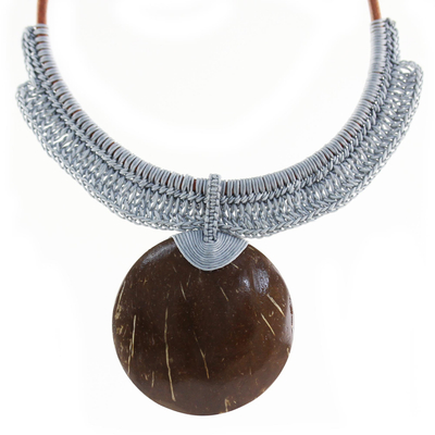 Coconut shell and leather statement necklace, 'Rustic Moon in Grey' - Thai Ivory Leather and Coconut Shell Statement Necklace