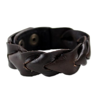 Leather Wristband Bracelet in Dark Brown from Thailand