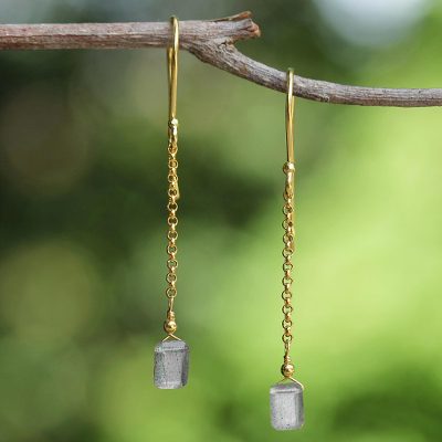 Gold plated labradorite dangle earrings, 'Golden Gleam' - Labradorite Dangle Earrings from Thailand