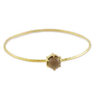 Gold plated smoky quartz bangle bracelet, 'Stellar Bloom' - Thai Gold Plated Smoky Quartz Bangle Pendant Bracelet