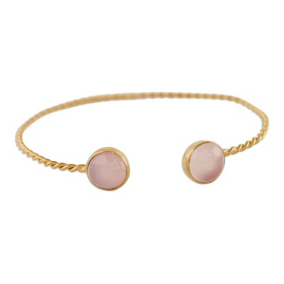 Gold plated chalcedony cuff bracelet, 'Gold Charm in Pink' - Gold Plated Pink Chalcedony Cuff Bracelet from Thailand