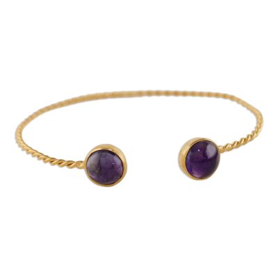 Gold plated amethyst cuff bracelet, 'Gold Charm in Purple' - Gold Plated Cuff Bracelet with Amethyst from Thailand