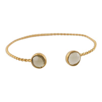 Gold plated smoky quartz cuff bracelet, 'Gold Charm in Brown' - Gold Plated Cuff Bracelet with Smoky Quartz from Thailand