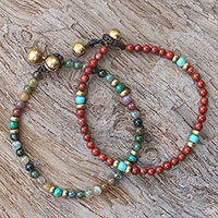 Multi-gemstone beaded bracelets, 'Magical Colors' (pair) - Two Jasper and Serpentine Multi-Gem Beaded Bracelets