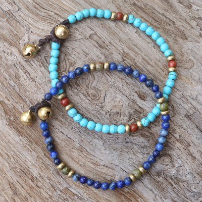 Pulseras con cuentas de piedras preciosas múltiples, 'Fantastic Blue' - Dos pulseras con cuentas de piedras preciosas múltiples de jaspe y unakita