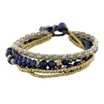 Lapis lazuli beaded bracelet, 'Brisk Ocean' - Brass and Lapis Lazuli Multi-Strand Beaded Bracelet