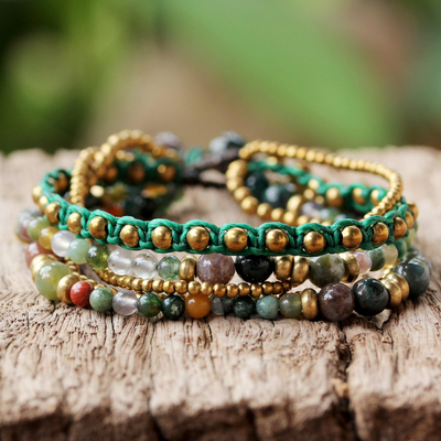 Agate beaded bracelet, 'Summer Earth' - Brass and Agate Multi-Strand Beaded Bracelet from Thailand