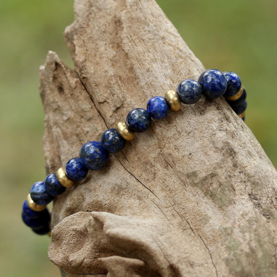 Lapis lazuli beaded bracelet, 'Beautiful Thai in Blue' - Lapis Lazuli and Brass Beaded Bracelet from Thailand
