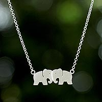 Sterling silver pendant necklace, 'Elephant Twins'