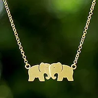 Gold plated pendant necklace, 'Elephant Twins' - Thai 24k Gold Plated Sterling Silver Elephant Necklace