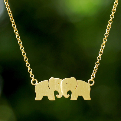 Gold plated pendant necklace, 'Elephant Twins' - Thai 24k Gold Plated Sterling Silver Elephant Necklace