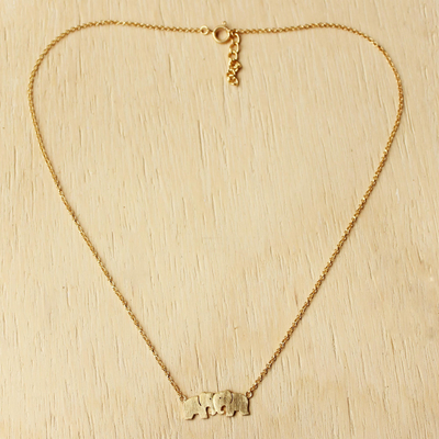 Gold plated pendant necklace, 'Elephant Twins' - Thai 24k Gold Plated Sterling Silver Elephant Necklace