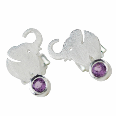 Amethyst button earrings, 'An Elephant's World' - Thai Sterling Silver and Amethyst Elephant Button Earrings