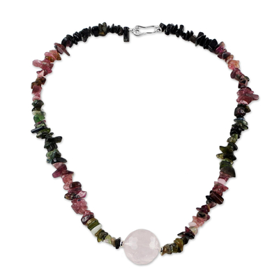 Halskette mit Anhänger aus Rosenquarz und Turmalin - Halskette mit thailändischem Rosenquarz- und Turmalin-Perlenanhänger