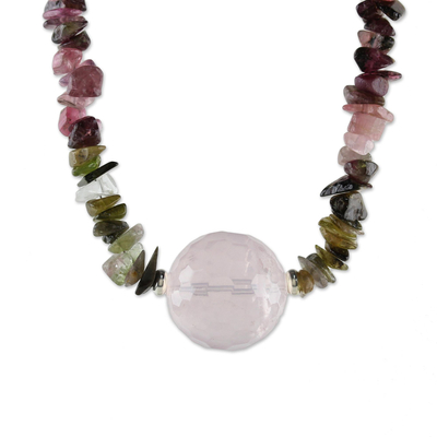 Rose quartz and tourmaline pendant necklace, 'Natural Rose' - Thai Rose Quartz and Tourmaline Beaded Pendant Necklace