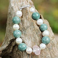 Rose quartz and cultured pearl beaded bracelet, 'Colorful Mix' - Rose Quartz and Cultured Pearl Beaded Bracelet from Thailand