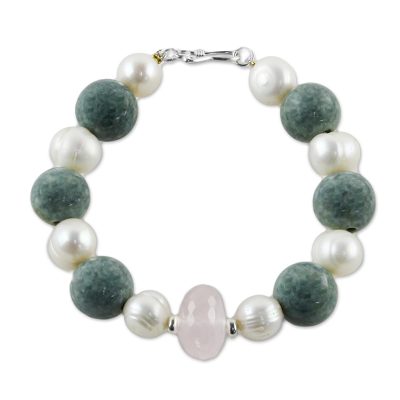 Rose quartz and cultured pearl beaded bracelet, 'Colorful Mix' - Rose Quartz and Cultured Pearl Beaded Bracelet from Thailand