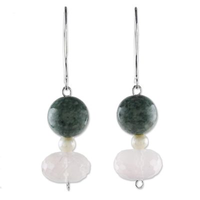 Rose quartz and cultured pearl dangle earrings, 'Colorful Mix' - Rose Quartz and Cultured Pearl Dangle Earrings from Thailand
