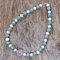 Rose quartz and cultured pearl pendant necklace, 'Colorful Mix'