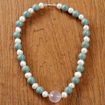 Rose quartz and cultured pearl pendant necklace, 'Colorful Mix' - Thai Rose Quartz and Cultured Pearl Beaded Pendant Necklace