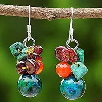 Pendientes colgantes con cuentas de granate y cornalina, 'Tropical Oasis' - Pendientes colgantes con cuentas con granate y cornalina