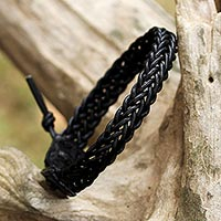 Braided leather wristband bracelet, 'Fun Times in Black'