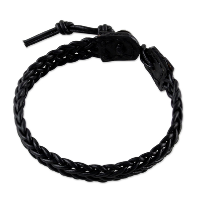 Braided leather wristband bracelet, 'Fun Times in Black' - Black Leather Braided Bracelet with Silver from Thailand
