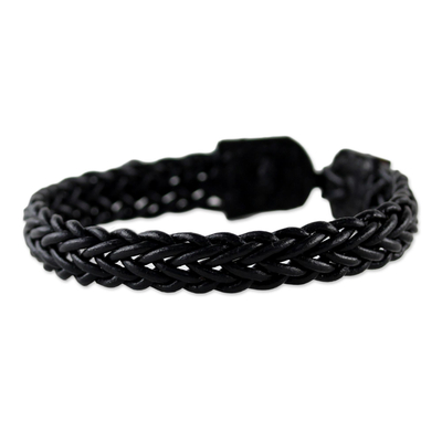 Braided leather wristband bracelet, 'Fun Times in Black' - Black Leather Braided Bracelet with Silver from Thailand