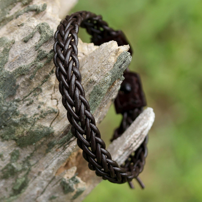 Braided leather wristband bracelet, 'Fun Times in Dark Brown' - Brown Leather Adjustable Braided Bracelet from Thailand